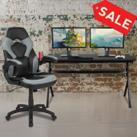 Flash Furniture BLN-X10D1904L-GY-GG Gaming Desk and Gray/Black Racing Chair Set /Cup Holder/Headphone Hook/Removable Mouse Pad Top - 2 Wire Management Holes